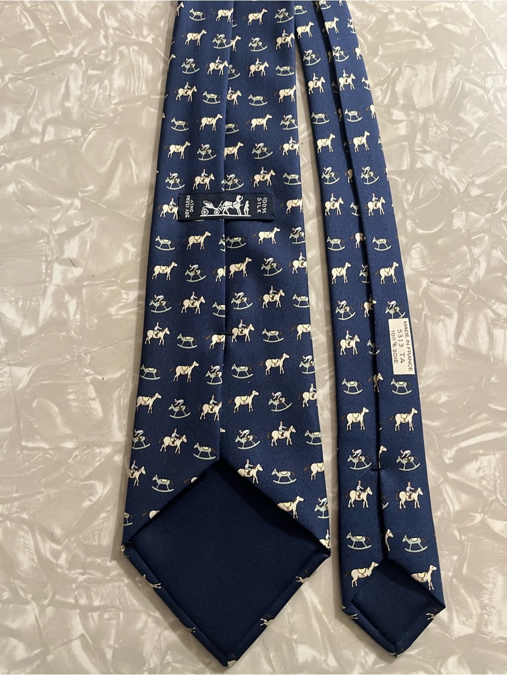 Hermes 100% Silk Navy Blue Tie With Horse Pattern 5313 TA - Picture 4 of 5